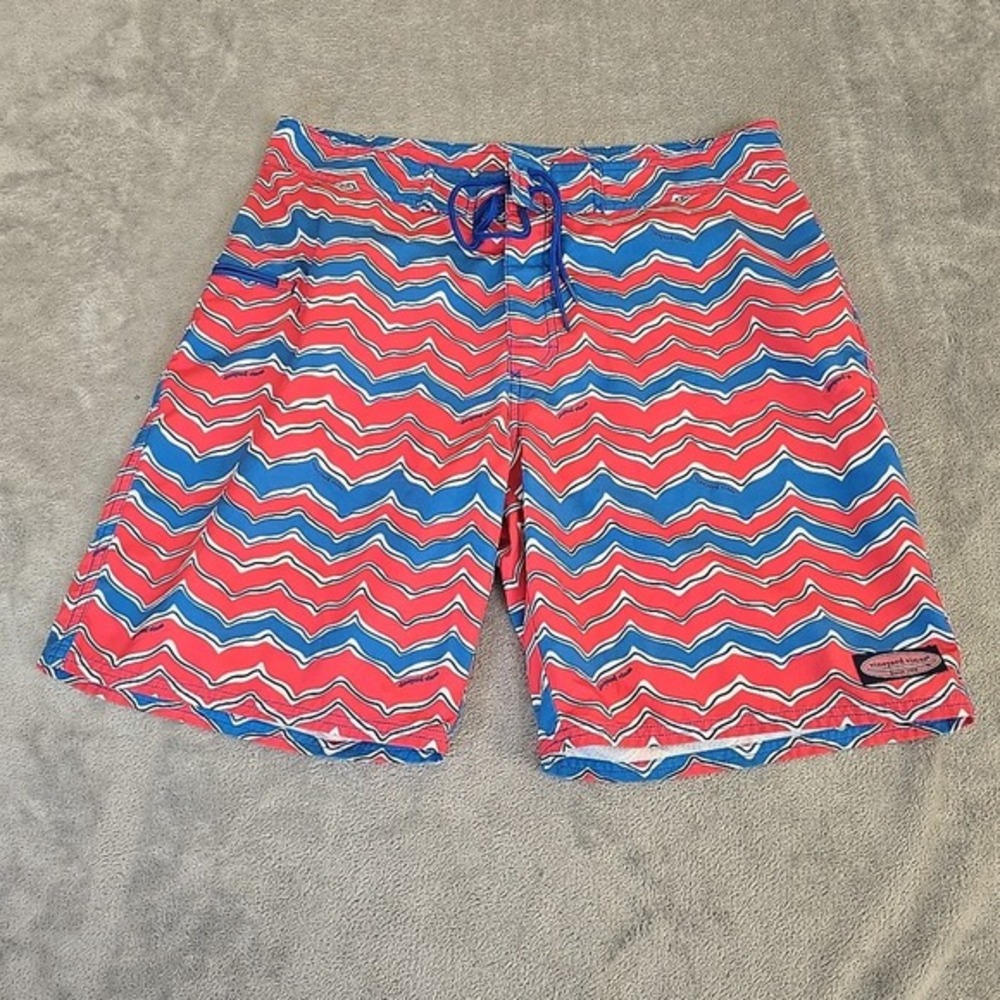Vineyard Vines Board Shorts Mens‎ 34 Blue Pink Stripe Swim Tie Pockets Beach